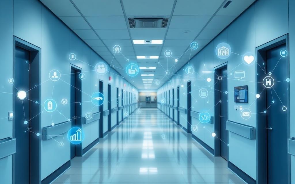 Klinikflur mit vernetzten Versorgungs-Icons