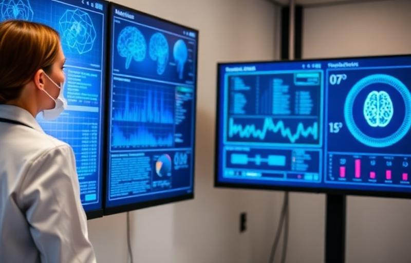 Klinikerin vor KI-Dashboard mit Gehirndaten